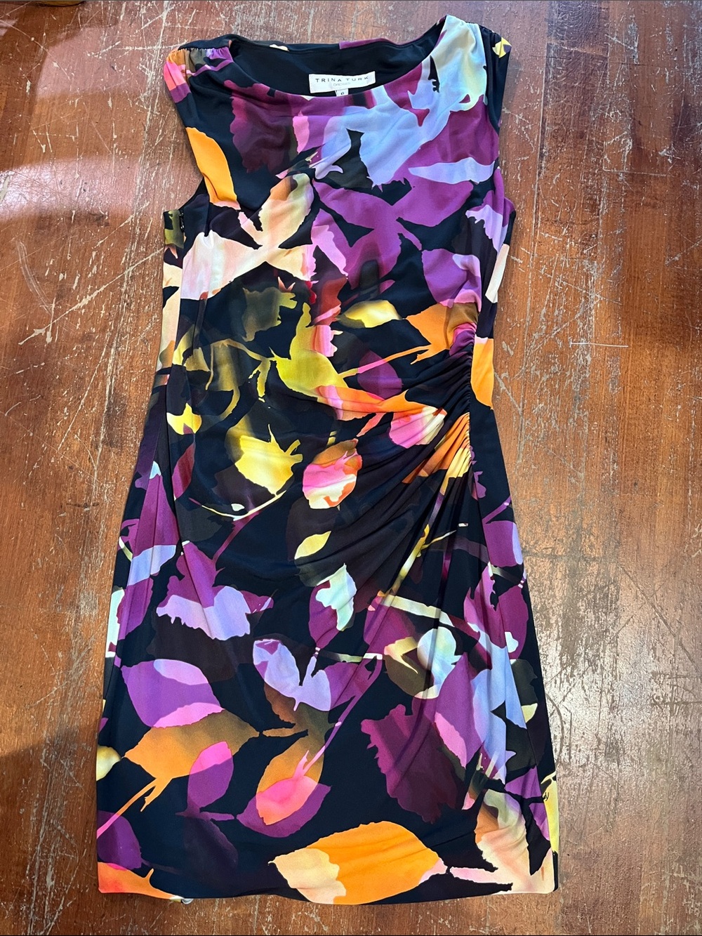 Trina Turk Black Midi Dress with Purple, Yellow and Orange Floral Print